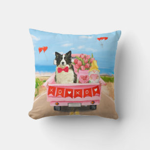 Coussin Bordure Collie Chien Saint Valentin Coeurs de cami