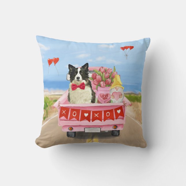 Coussin Bordure Collie Chien Saint Valentin Coeurs de cami (Recto)