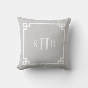 Coussin Bordure de clé grecque gris Monogramme personnalis