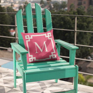 Coussin Bordure de clé grecque monogramme rose foncé et bl