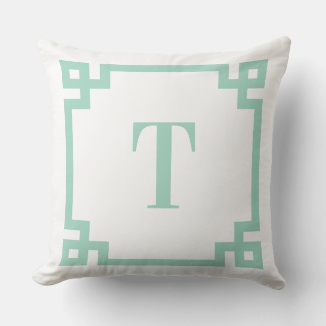 Coussin Bordure de clé grecque sarcelle claire Monogramme (Recto)