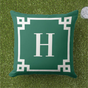 Coussin Bordure de clé grecque verte chasseur et blanche a