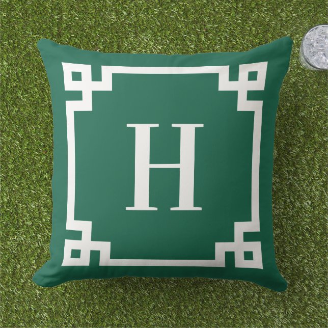 Coussin Bordure de clé grecque verte chasseur et blanche a (Herbe)
