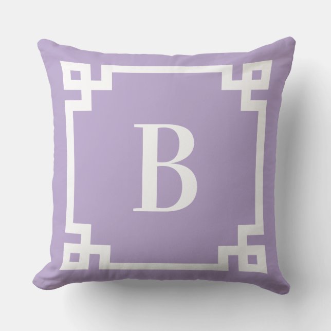 Coussin Bordure de clé grecque violet lavande monogramme (Recto)