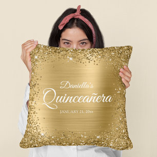 Coussin Bordure de paillettes dorées et foil pour Quinceañ
