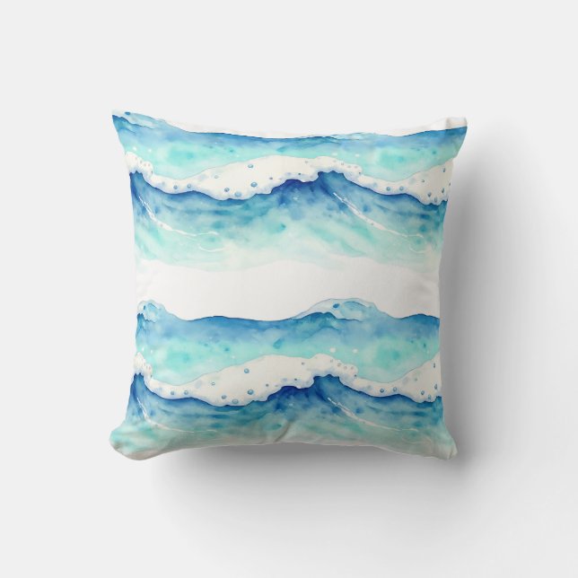 Coussin Bordure de vagues océaniques à l'aquarelle (Recto)