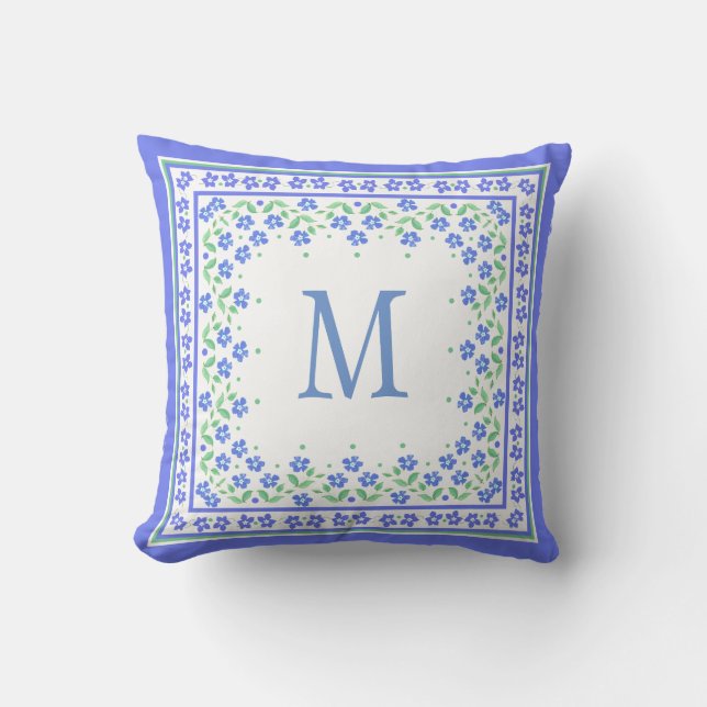 Coussin Bordure florale bleu pervenche à monogramme chic (Recto)