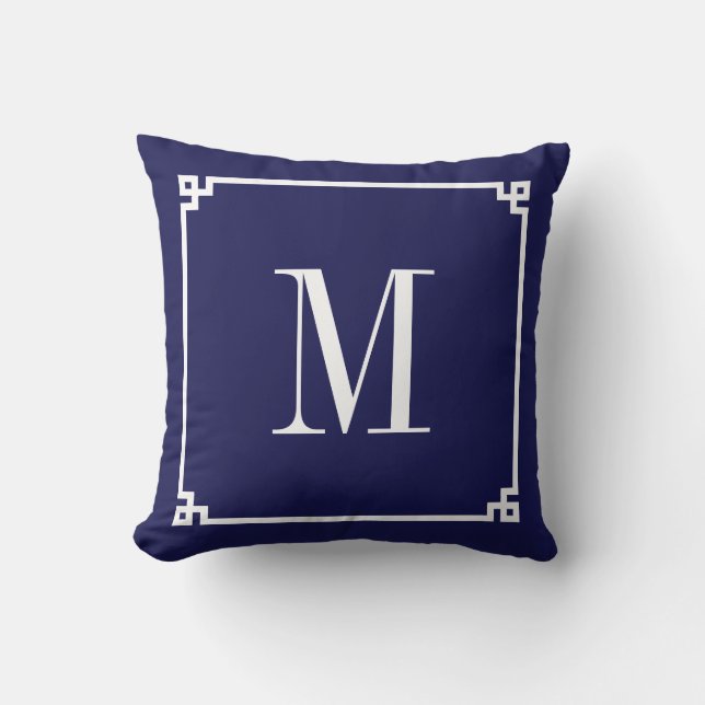 Coussin Bordure grecque blanche et marine monogrammée (Recto)