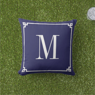 Coussin Bordure monogrammée clé grecque Navy et Blanc