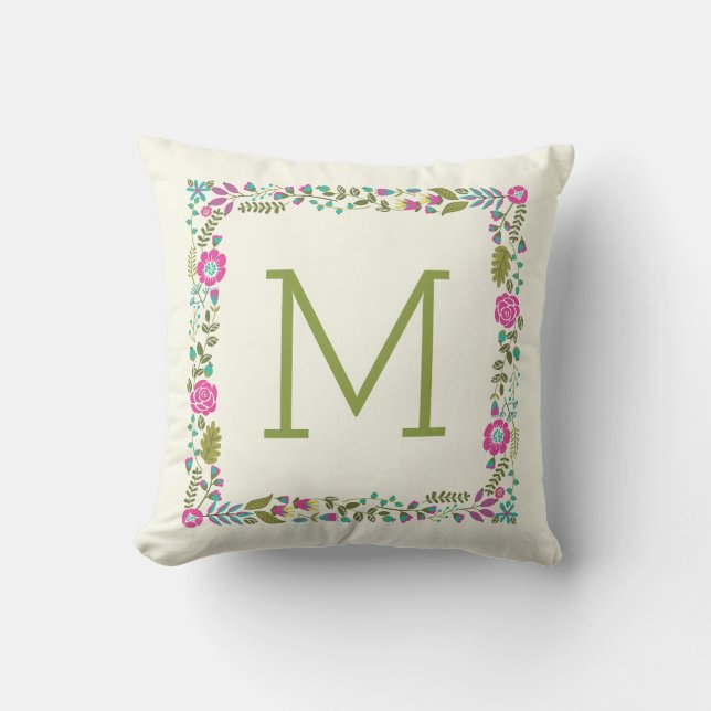 Coussin Borne fleurie de printemps Monogramme aqua moderne (Recto)