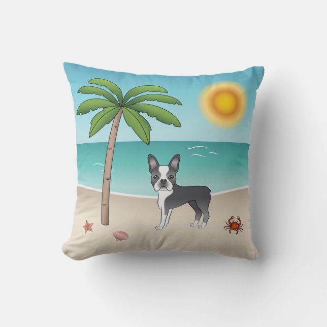 Coussin Boston Terrier Bleu sur une Plage Tropicale d'Été (Recto)