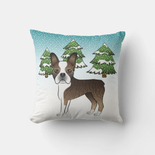 Coussin Boston Terrier bringé dans une forêt hivernale