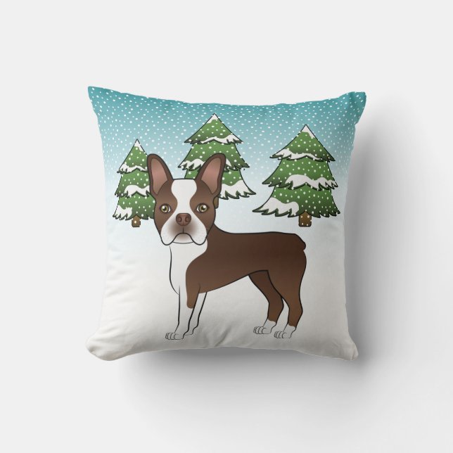 Coussin Boston Terrier Brun Chocolat Dans Une Forêt D'Hive (Recto)
