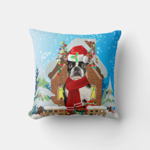 Coussin Boston Terrier chien avec cadeaux de Noël