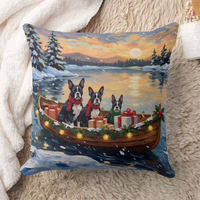 Coussin Boston Terrier Christmas Boat Holiday (Couverture)