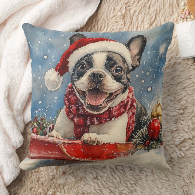 Coussin Boston Terrier Dog in Sledge Let it Neige Noël (Couverture)