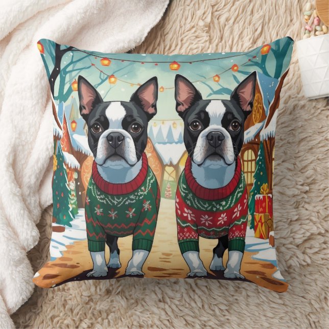 Coussin Boston Terrier Dogs Christmas Snow Holiday (Couverture)