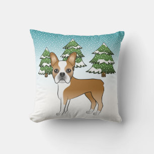 Coussin Boston Terrier Fauve Et Blanc Dans Une Forêt D'Hiv