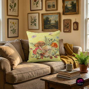 Coussin Botanique de champignon à l'aquarelle vintage