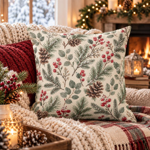 Coussin Botanique d'hiver à l'aquarelle pin et baies