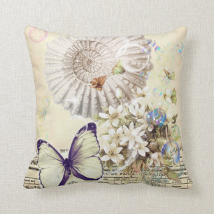 Coussin botanique français de coquillage vintage beige de