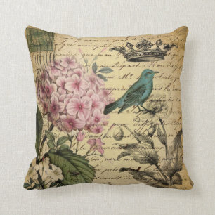 Coussin botanique français d'oiseau d'hortensia de