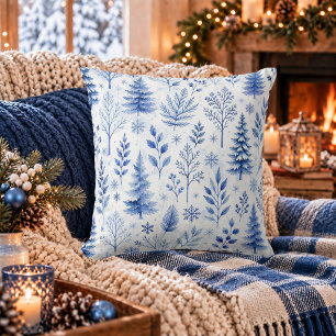 Coussin Botanique hivernale en bleu rustique de la forêt