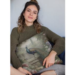 Coussin Botanique : paon en escalier dans un jardin anglai