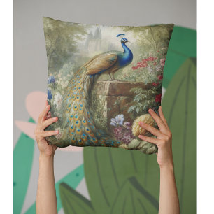 Coussin Botanique : paon près du château dans le jardin an