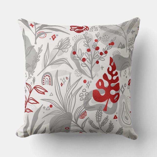 Coussin Botanique Rouge & Gris (Recto)