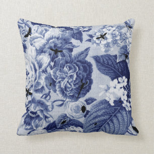 Coussin Botanique vintage et insectes Toile floral de bleu