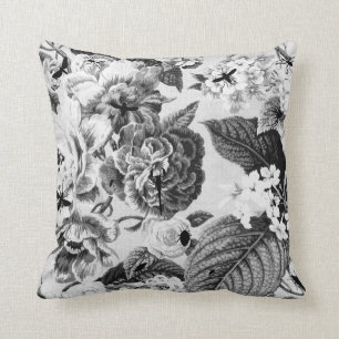 Coussin Botanique vintage noir et blanc et insecte Toile