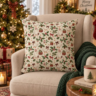 Coussin Botaniques d'oisons de Noël au houx et aux verdure