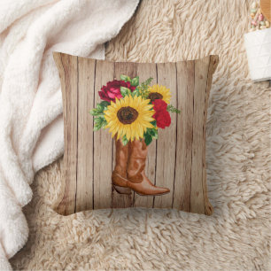 Coussin Bottes de cowgirl en bois rustique tournesols rose