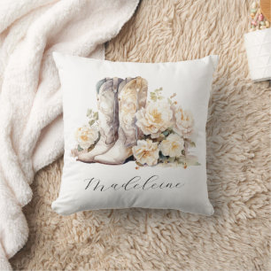 Coussin Bottes de cowgirl florales romantiques Calligraphi