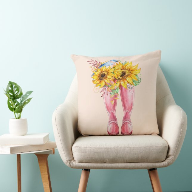 Coussin Bottes roses, oiseaux bleus et tournesols (Chaise)