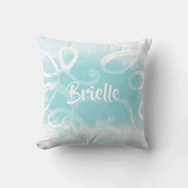 Coussin Boucles Chic Pastel Bleu Aquarelle Avec Nom (Recto)