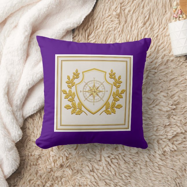 Coussin Bouclier à crête de compas nautique pourpre et or  (Couverture)