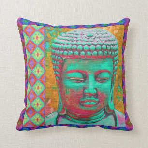 Coussin Bouddha Pop avec des bordures en Patchwork en bleu