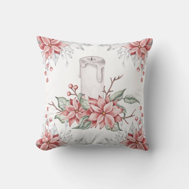 Coussin Bougie de Noël Aquarelle Rose Mistletoe (Recto)