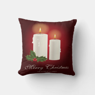 Coussin Bougies de Noël blanches sur fond rouge avec texte
