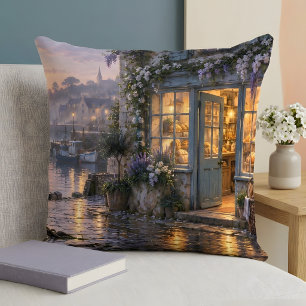 Coussin Boulangerie de village côtier au lever du soleil