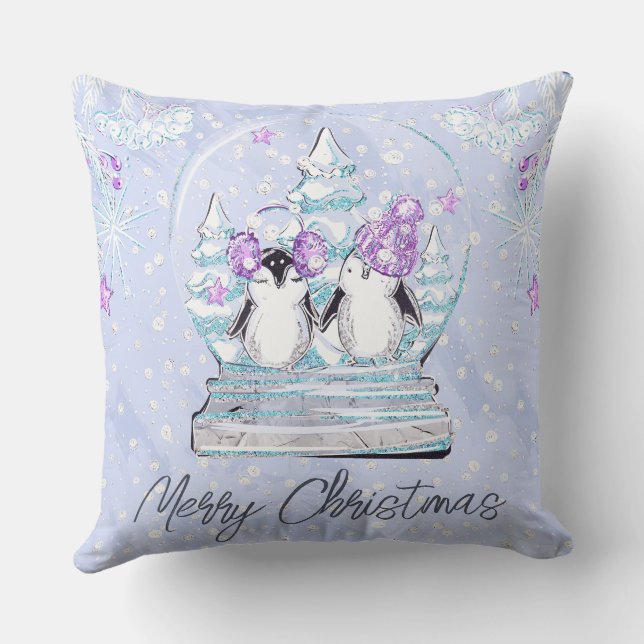 Coussin Boule à neige avec amis manchots mignons en aquare (Verso)