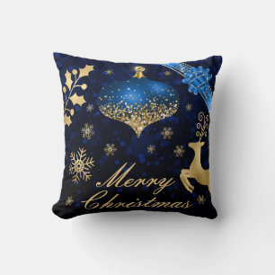 Coussin Boule de Noël et ruban pailletés bleu et or
