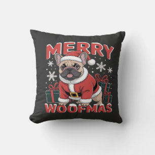 Coussin Bouledogue français chapeau de Père Noël Joyeux No