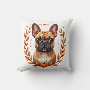 Coussin Bouledogue français vintage avec couronne de feuil