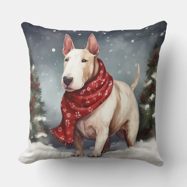 Coussin Bouledogue Terrier dans la neige de Noël  (Recto)
