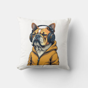 Coussin Bouledogue vintage avec écouteurs portant un sweat