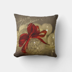 Coussin Boules de Noël, ruban rouge, guirlandes lumineuses