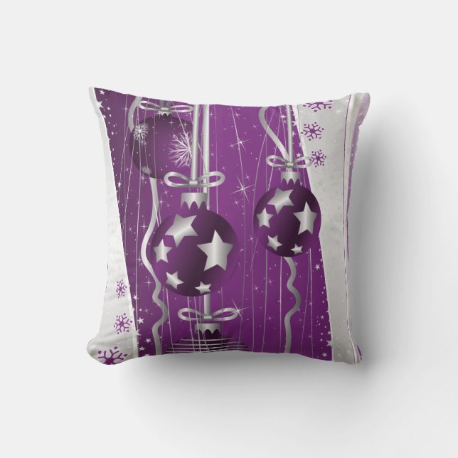 Coussin Boules de Noël violettes et grises étoiles et floc (Recto)